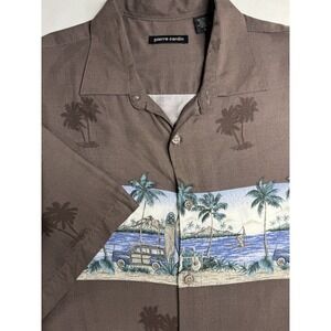 Pierre Cardin Button Down Shirt Mens Large Brown Tropical Beach Surf Rayon Camp